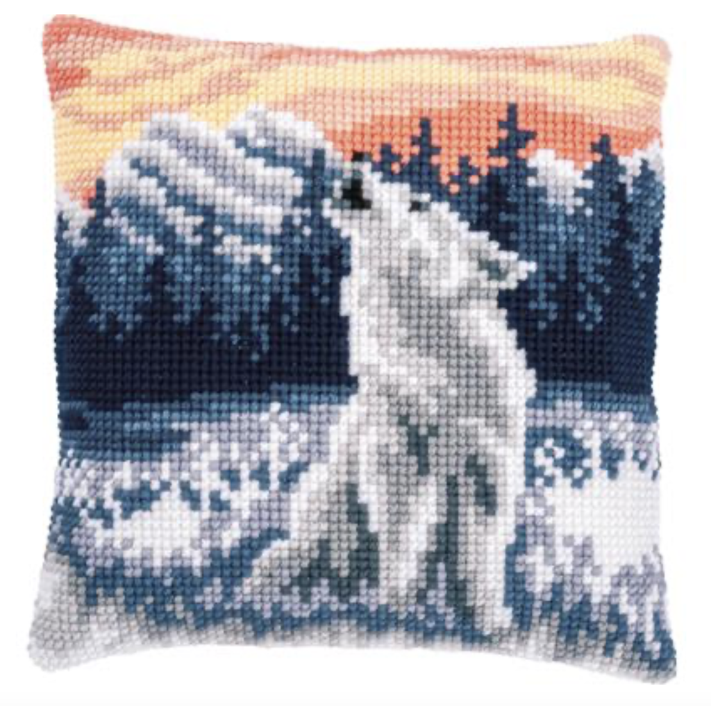 Kruissteekkussen kit Wolf in de winter