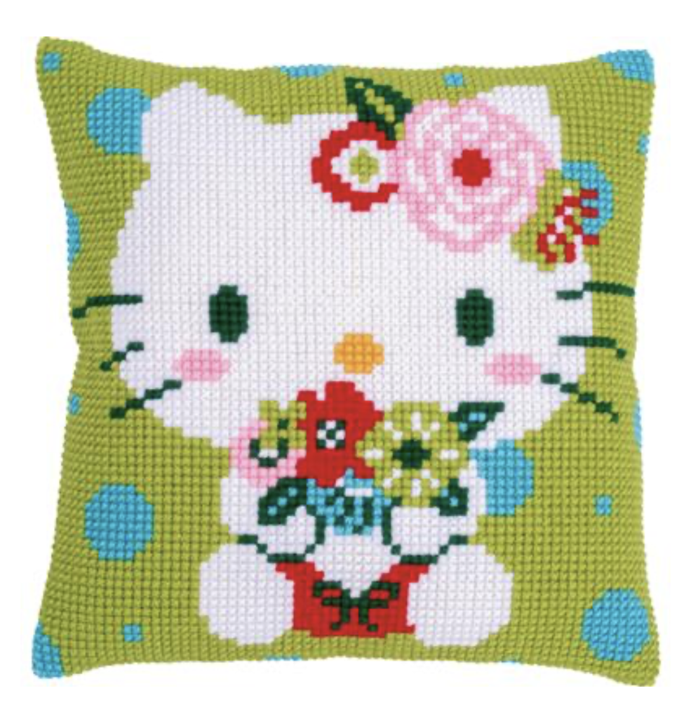 Kruissteekkussen kit Hello Kitty Green Floral