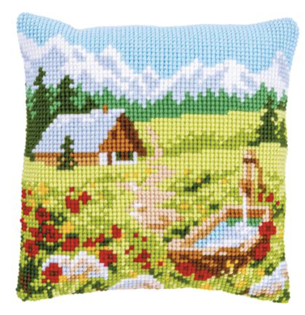 Kruissteekkussen kit Bergweide met bloemen&huisje