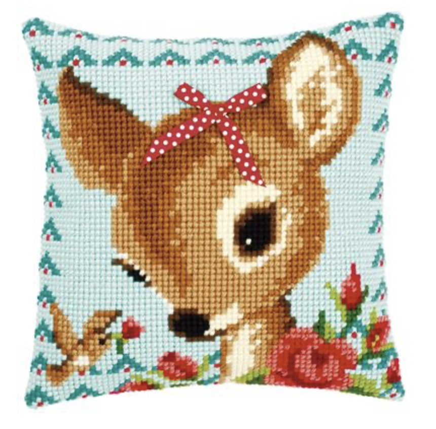 Kruissteekkussen kit Bambi met strikje
