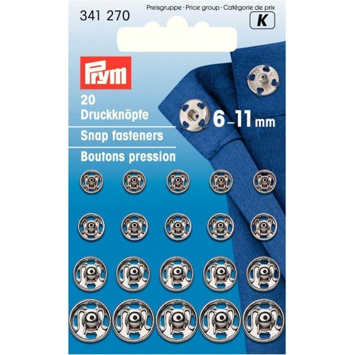 [341270] Prym Aannaaidrukknoop messing ast. 6.0-11mm zilver - 20st