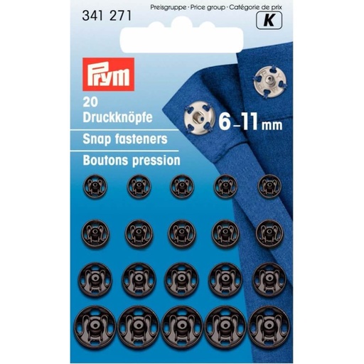 [341271] Prym Aannaaidrukknoop messing ast. 6.0-11mm zwart - 20st