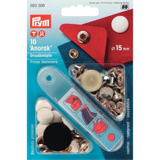 [390306] Prym Naaivrijdrukknoop anorak gelakt 15mm wit - 10st