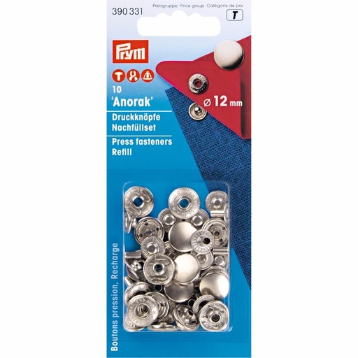 [390331] Prym Naaivrijdrukknoop navulling anorak 12mm zil. - 10st