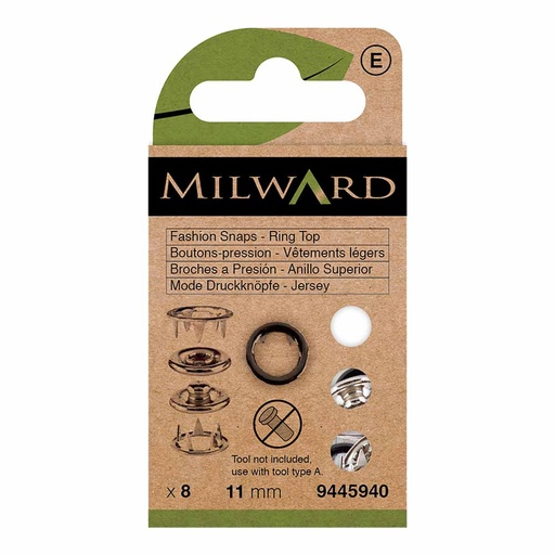 [MG9445940] Milward Naaivrijdrukknoop ring top 11mm zwart - 8st